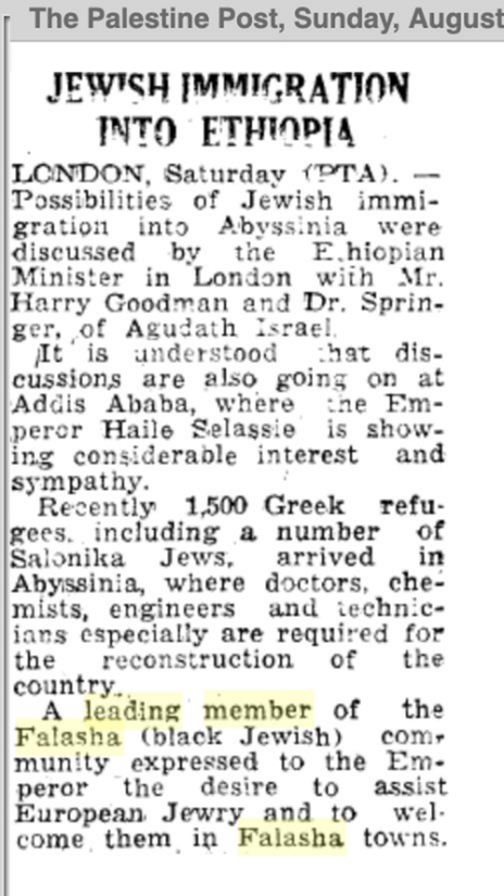 Palestine Post Article about Jewish Immigration into Ethiopia 